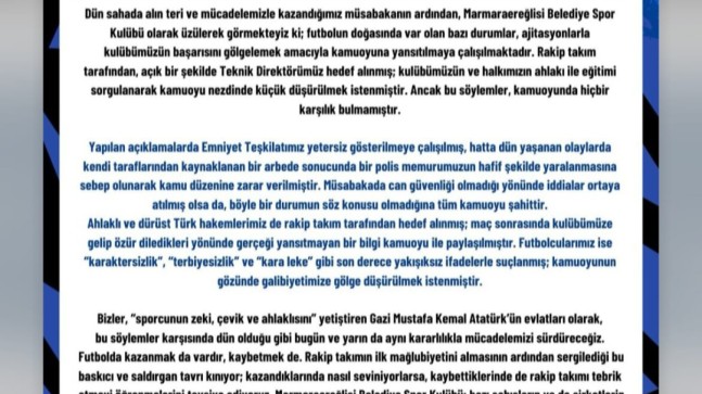 Marmaraereğlisi Belediye Spor’dan Sert Açıklama: “Galibiyetimize Gölge Düşürülmesine İzin Vermeyeceğiz”