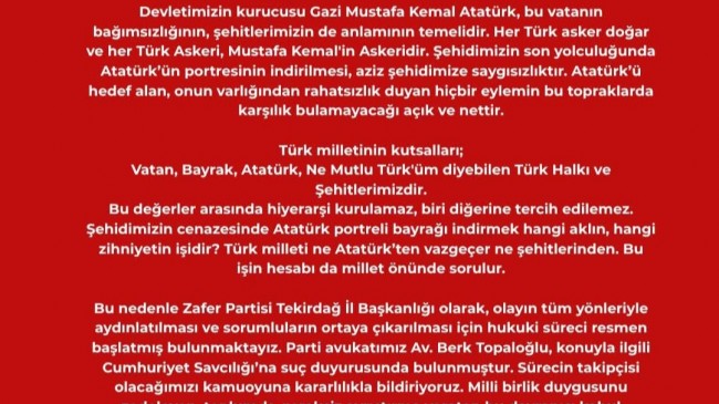 Zafer Partisi Tekirdağ İl Başkanlığı, Camii Minaresinden Kaldırılan Atatürk Portreli Bayrağa Tepki Gösterdi!