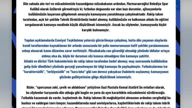 Marmaraereğlisi Belediye Spor’dan Sert Açıklama: “Galibiyetimize Gölge Düşürülmesine İzin Vermeyeceğiz”