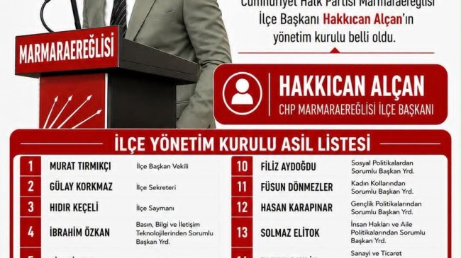 CHP Marmaraereğlisi’nde Yeni Dönem: Hakkıcan Alçan’ın Yönetim Kurulu Belli Oldu